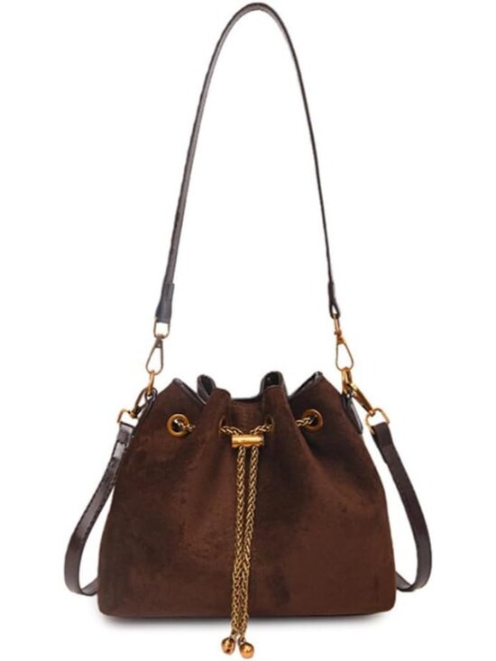 Handbags - Mini Suede Bucket Bag for Women Drawstring Faux Brown Suede Purse Vintage Leathe